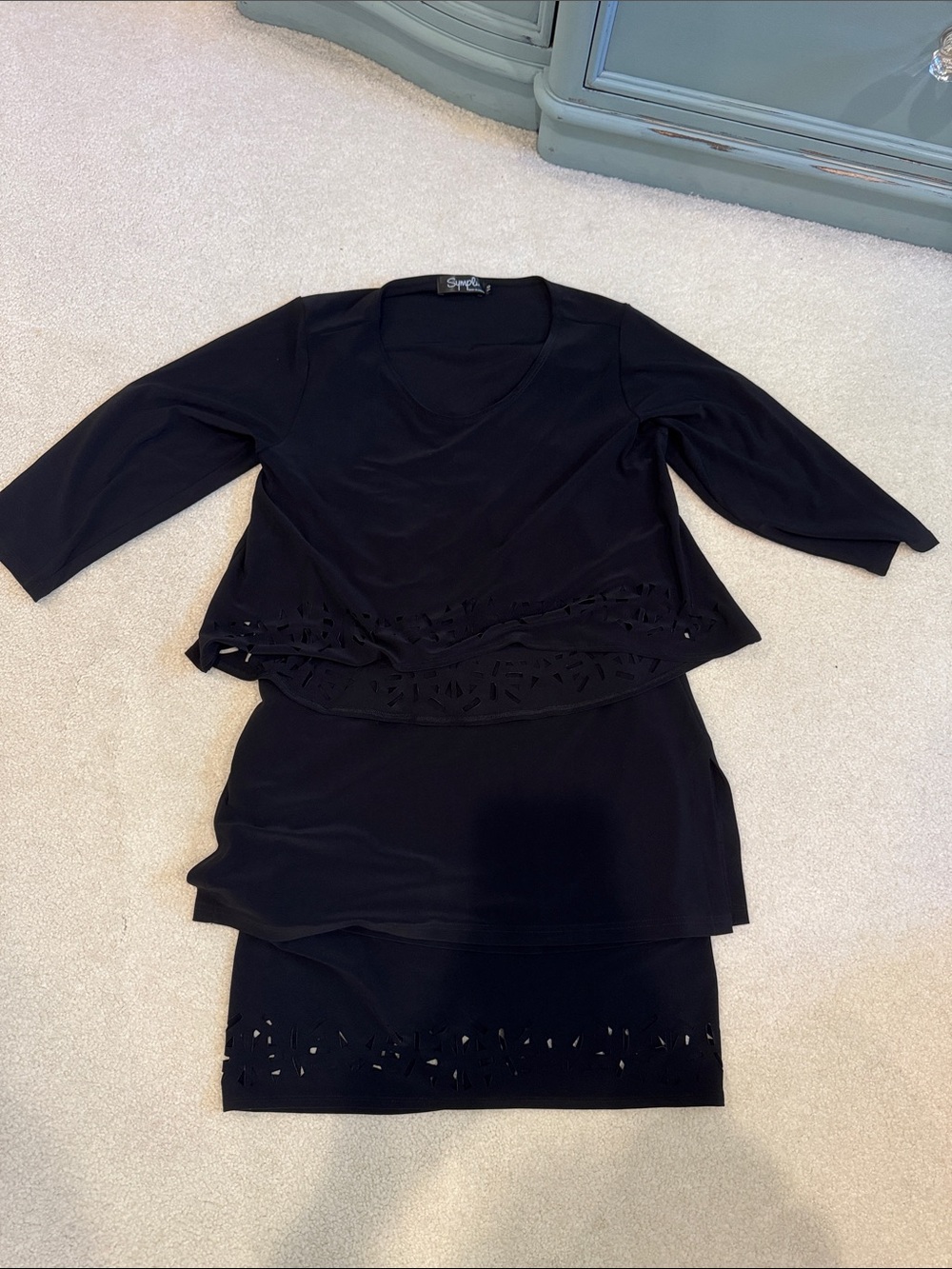 Sympli Black 3-Piece Crop Top, Layering Tank & Skirt Set with Laser Cut Detail